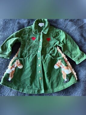 Green Corduroy Kids Dress with Horse Appliqués